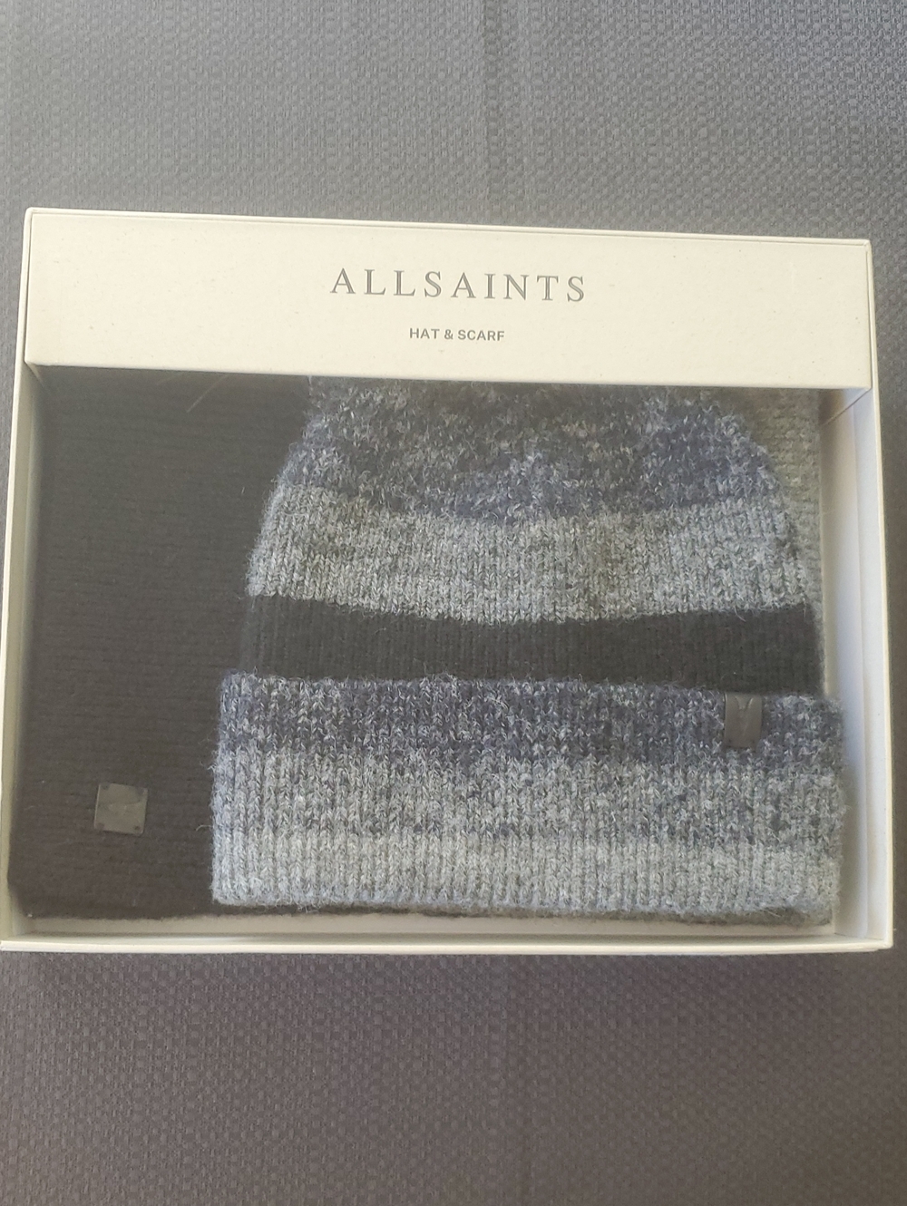 ALLSAINT  MARL STRIPE BEANNIE&SCARF BOX SET  IN BLUE MULTI /SIZE; 1